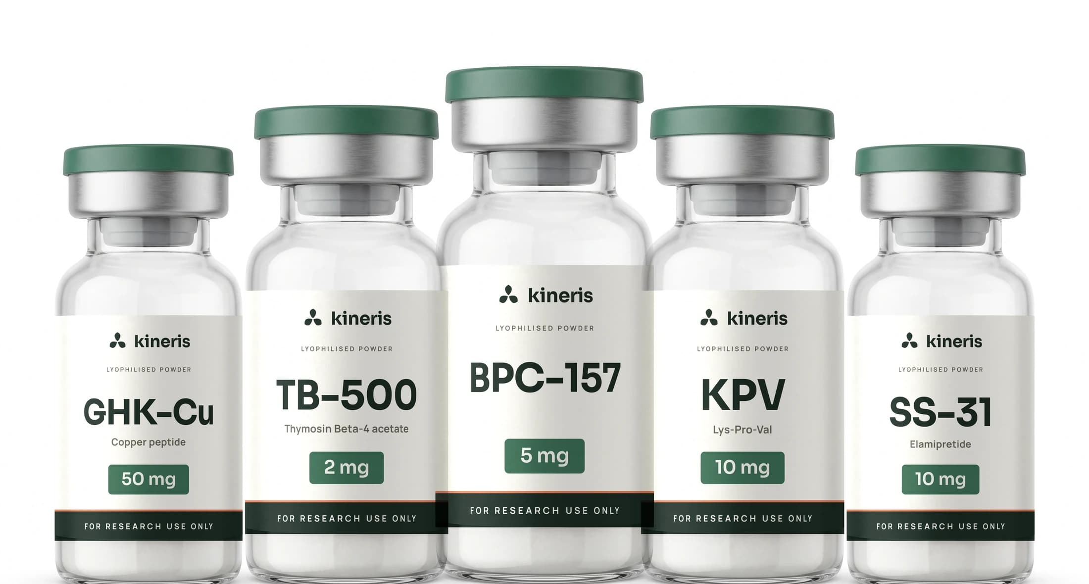 The five Kineris research peptide vials: GHK-Cu 50mg, TB-500 2mg, BPC-157 5mg, KPV 10mg and SS-31 10mg